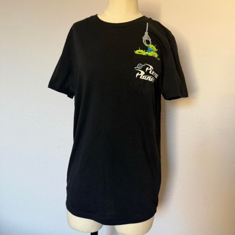 Black Graphic T-Shirt with Pizza Planet Design